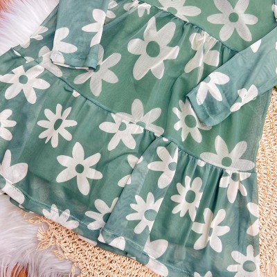 Vestido Manga Longa em Tule Floral  - Verde